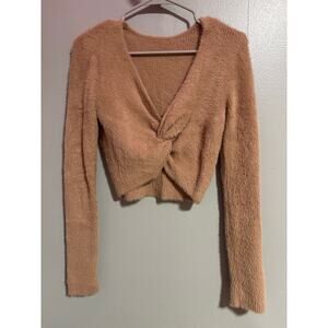 Aerie Fuzzy Twist Front Crop Sweater Tan Long Sleeve Soft Cozy Top Size S/P